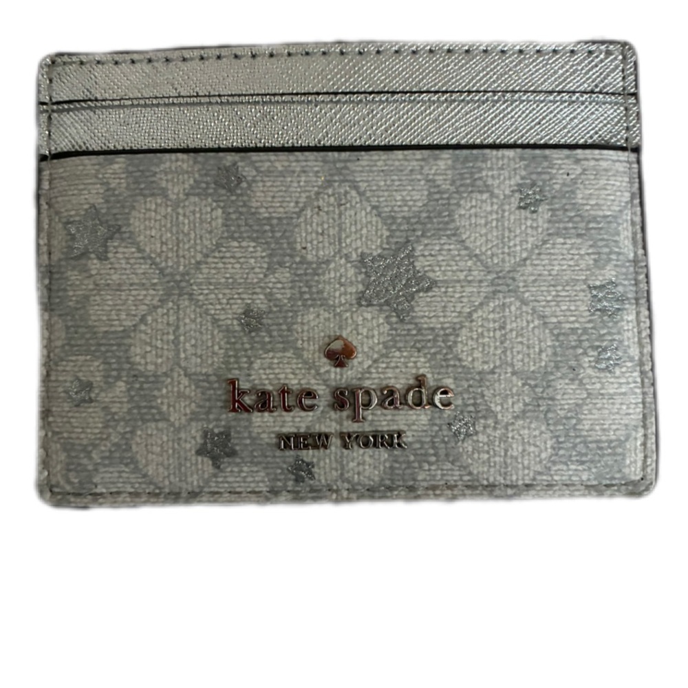 Kate Spade NWOT silver &Cream  Card Holder with Logo